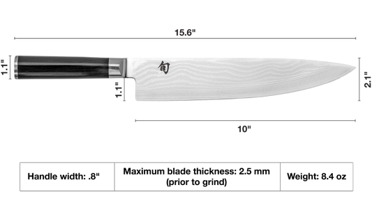 Measurement chart of a chef's knife with dimensions and specifications.