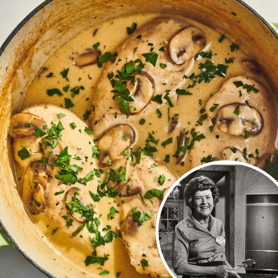 Creamy mushroom chicken in a Dutch oven, topped with chopped parsley, with a black-and-white inset photo of a smiling woman in a kitchen.