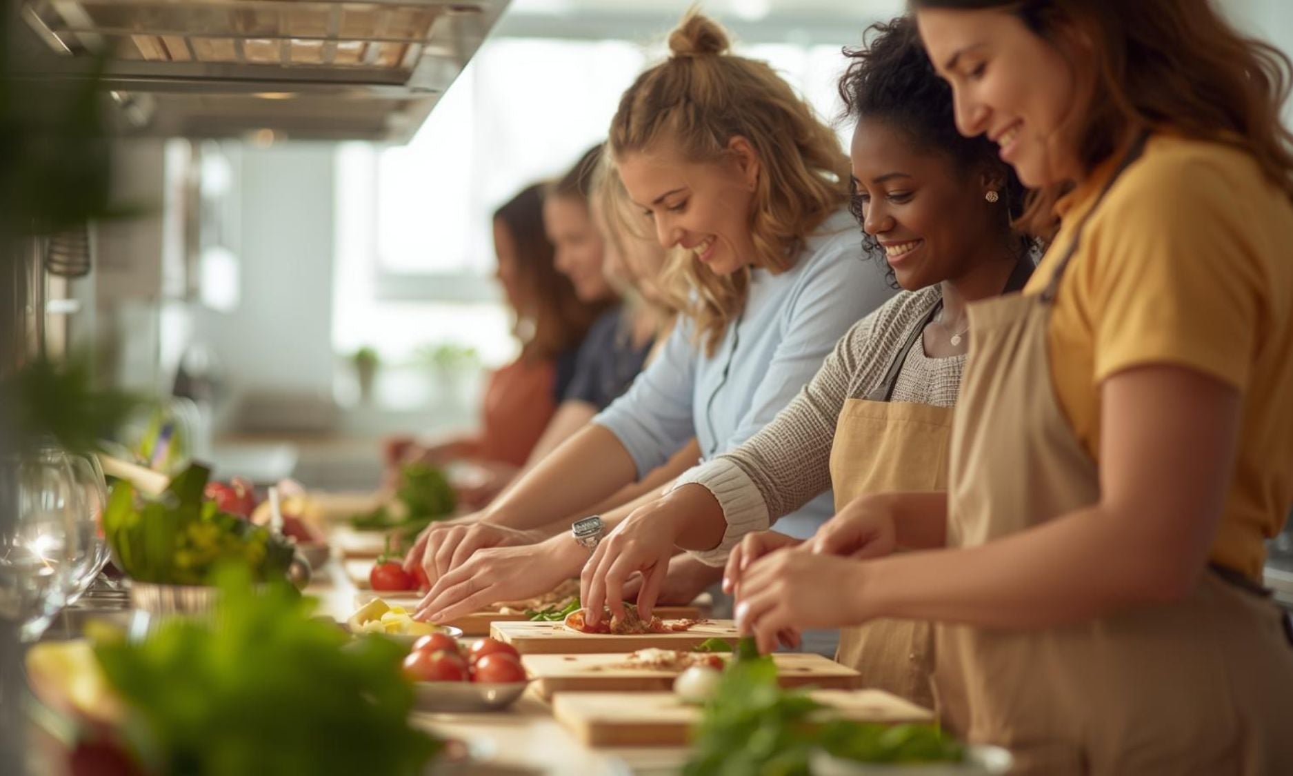 Group of women preparing food in a kitchen