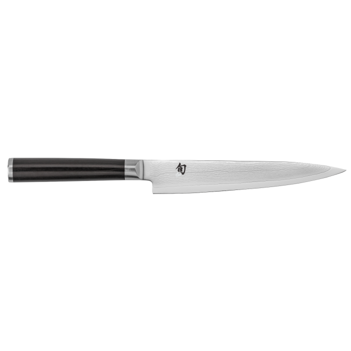 Chef's knife with black handle on a white background