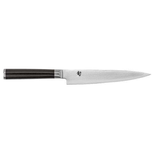 Chef's knife with black handle on a white background