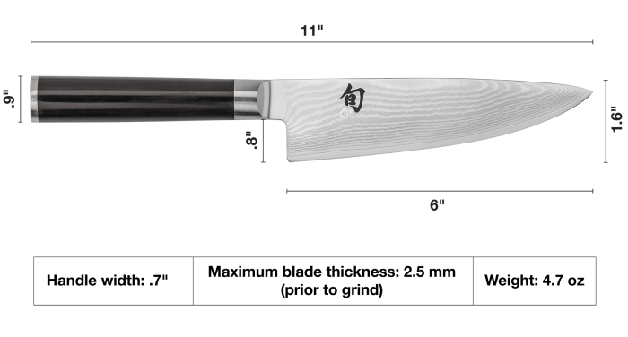 Measurement chart of a Shun Classic 6-inch chef's knife with dimensions and weight details.