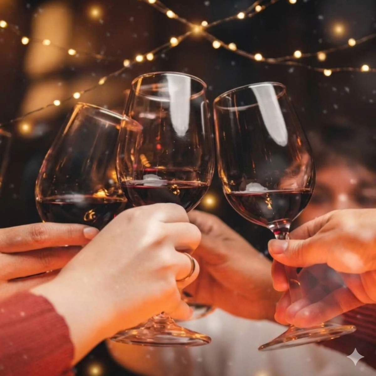 Three wine glasses clinking together in a toast, held by multiple hands under warm string lights with a blurred festive background.
