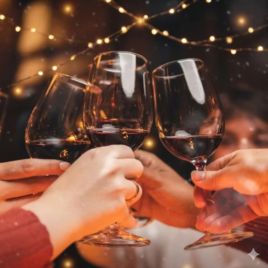 Three wine glasses clinking together in a toast, held by multiple hands under warm string lights with a blurred festive background.