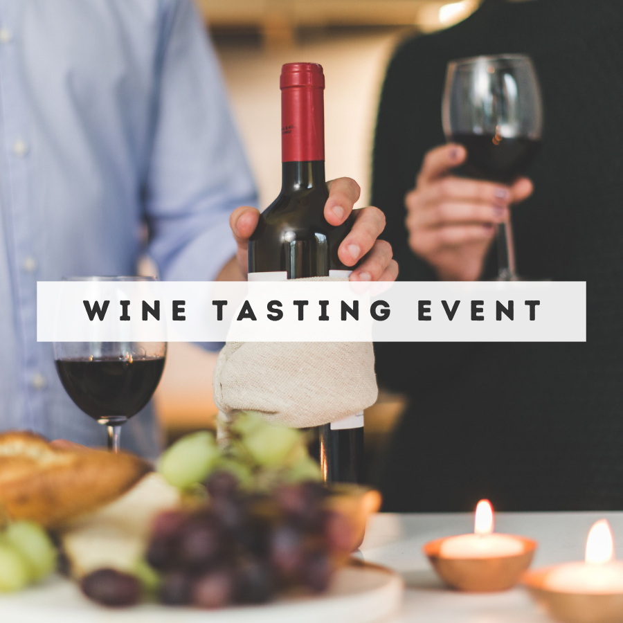 A wine tasting event scene with a hand holding a bottle of red wine in the center, another glass of red wine on the left, and a hand holding a wine glass on the right. A white banner across the middle reads 'WINE TASTING EVENT'.